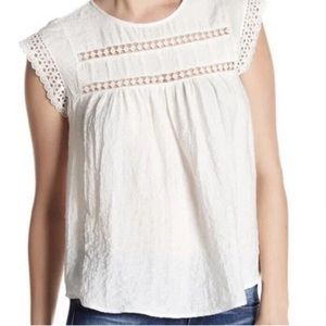 Ro & De Women’s Size M White Gauzy Crochet Lace Short Sleeve Hi-Low Boho Blouse